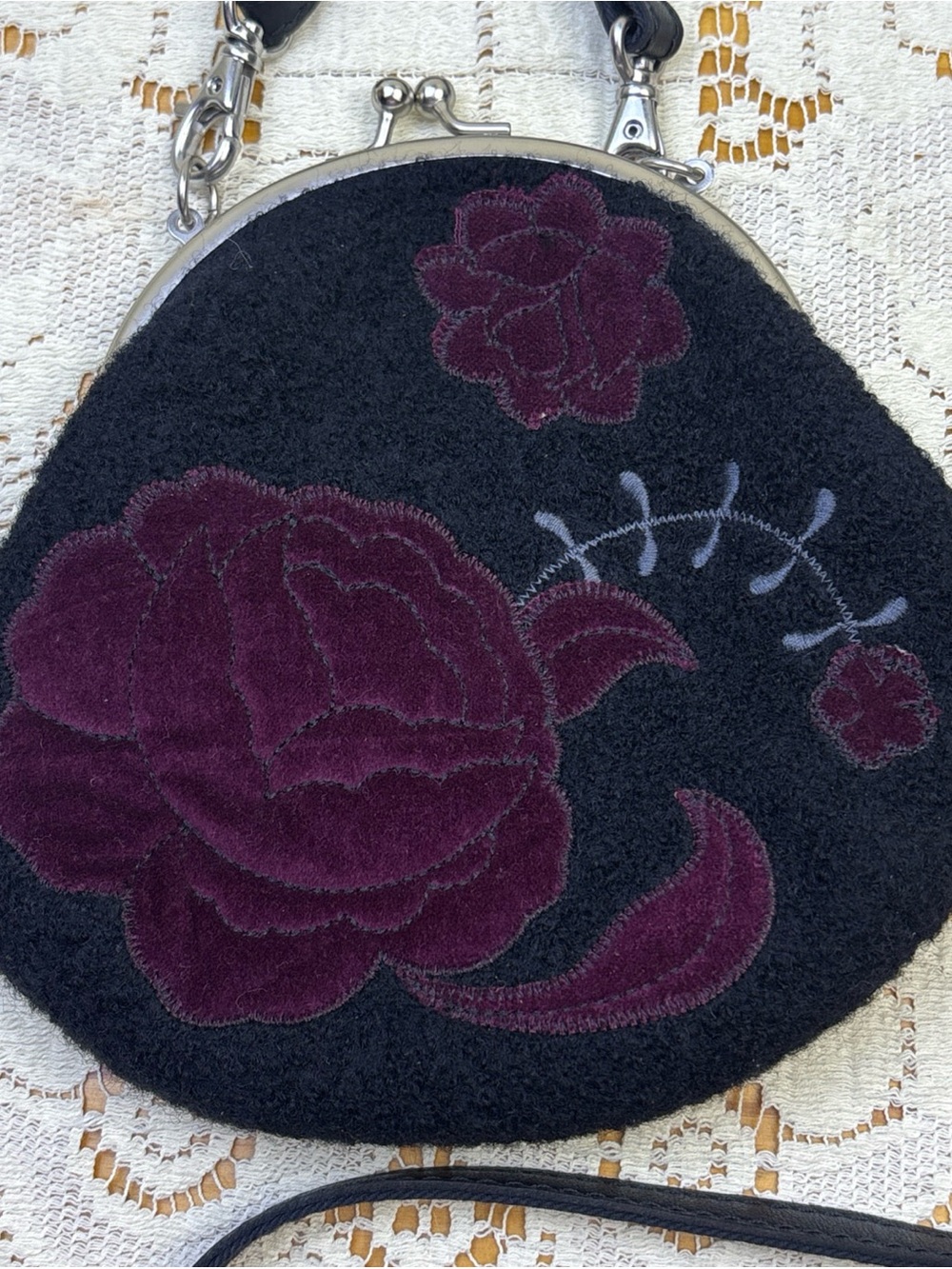 Lucky Brand Wool Kiss Lock Rose Appliqué Black Bag Clutch Crossbody